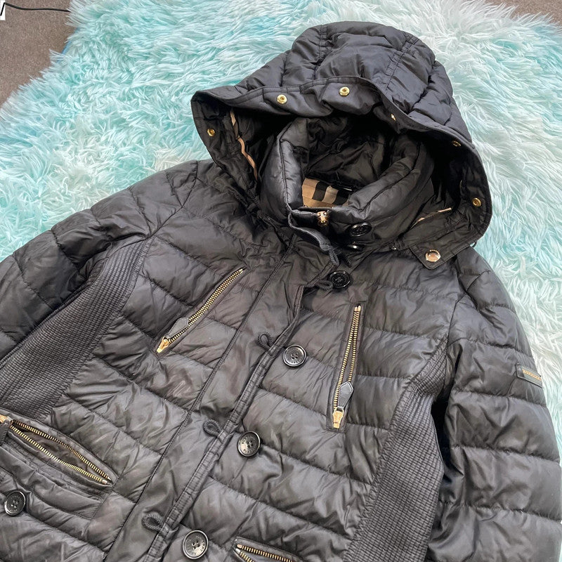 Black Burberry Long Puffer Coat - Large