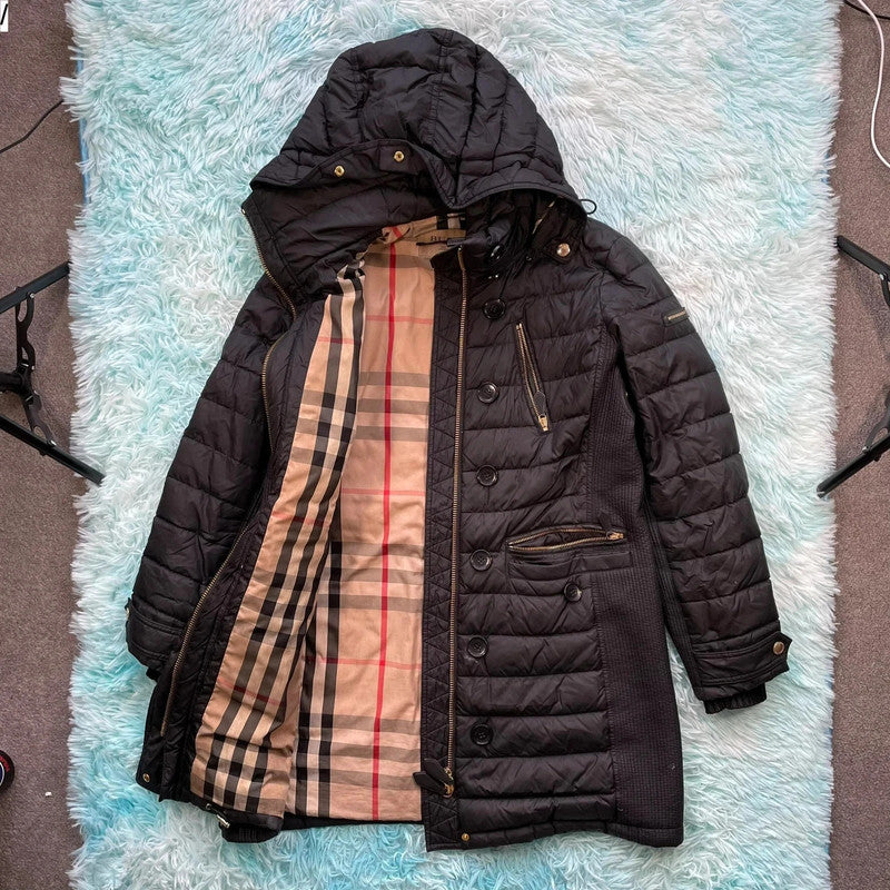 Black Burberry Long Puffer Coat - Large