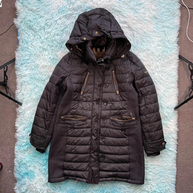 Black Burberry Long Puffer Coat - Large