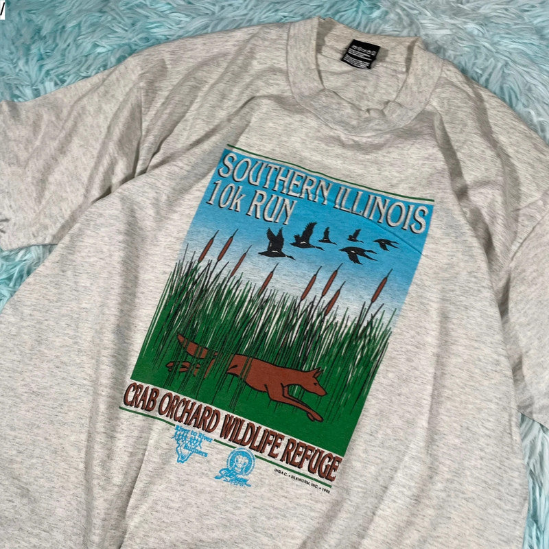 Vintage 90s Grey South Illinois Nature 10k Run Graphic T Shirt - Large