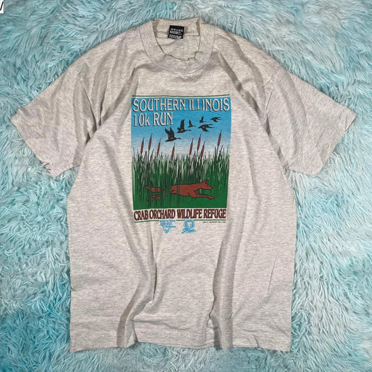 Vintage 90s Grey South Illinois Nature 10k Run Graphic T Shirt - Large