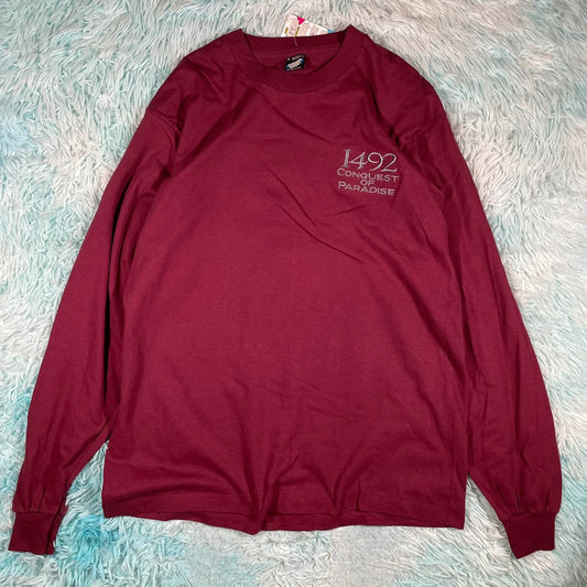 Vintage 90s Burgundy 1492 Movie Promo T Shirt Long Sleeve - XL