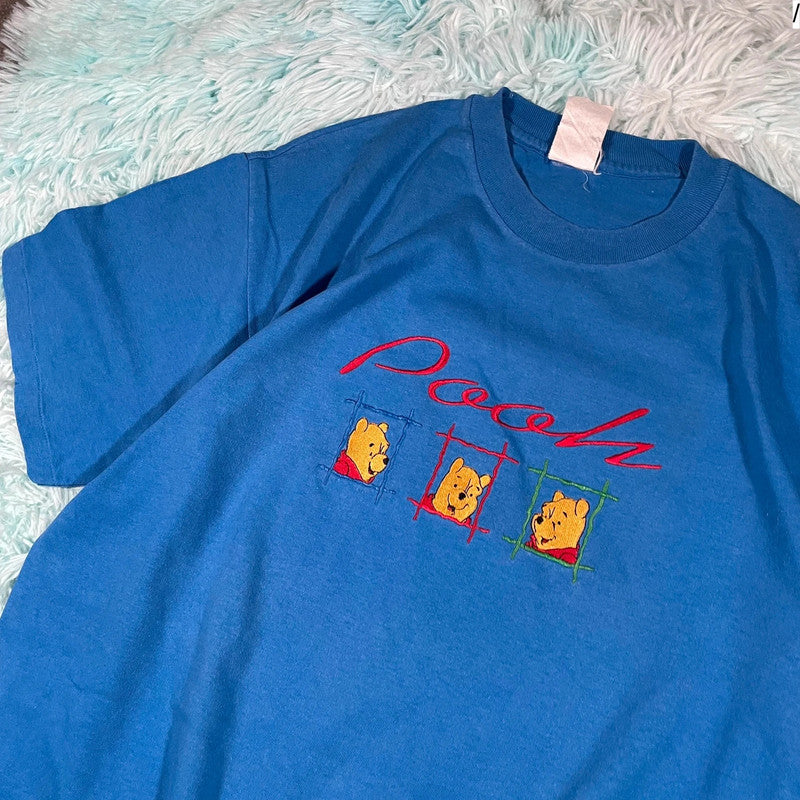 Vintage 90s Blue Winnie the Pooh Embroidered T Shirt - Large