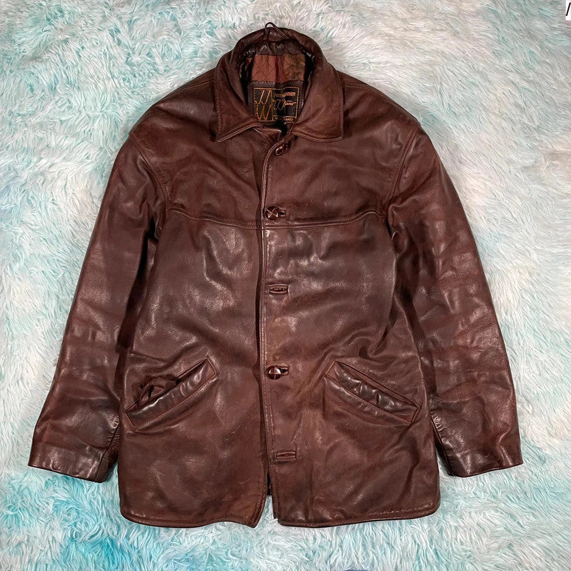 Vintage 90s Brown Leather Jacket Button Up - XS