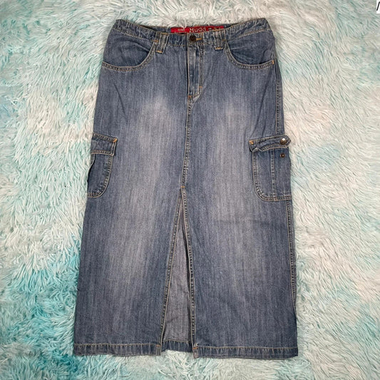 Vintage 90s Long Denim Cargo Skirt - Size 16