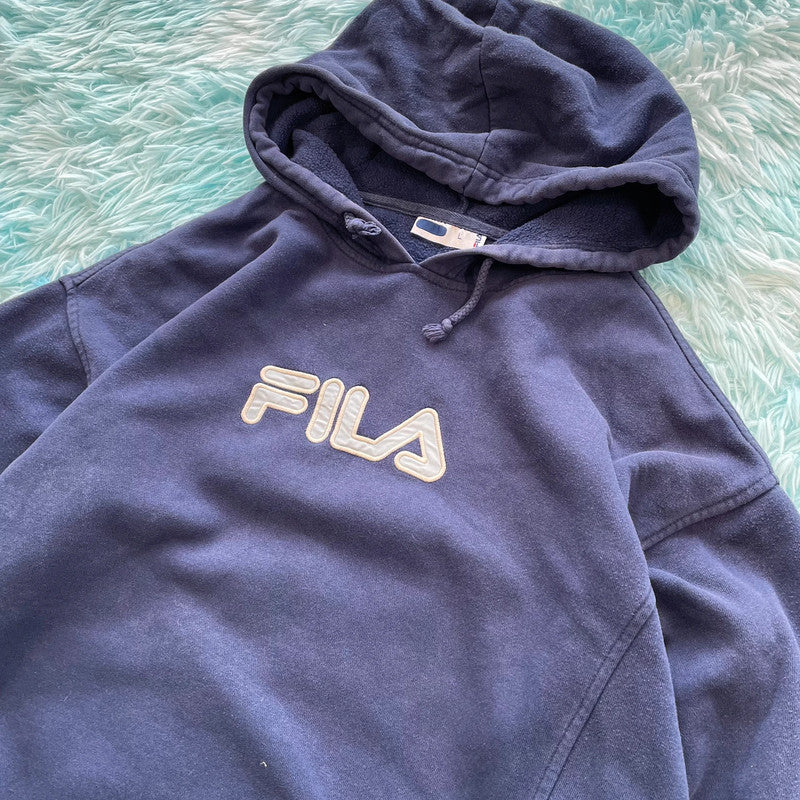 Vintage 00s Navy Fila Hoodie Spellout - Large