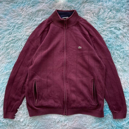 Vintage Maroon Lacoste Knitted Jumper Full Zip - XXL