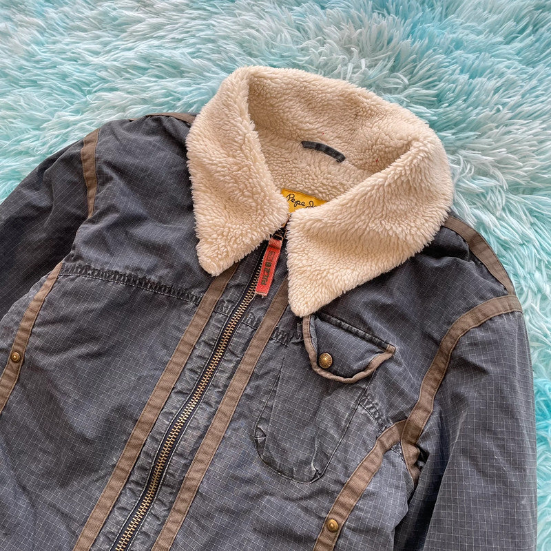 Vintage Y2K Grey Pepe Jeans Sherpa Fleece Jacket - Medium
