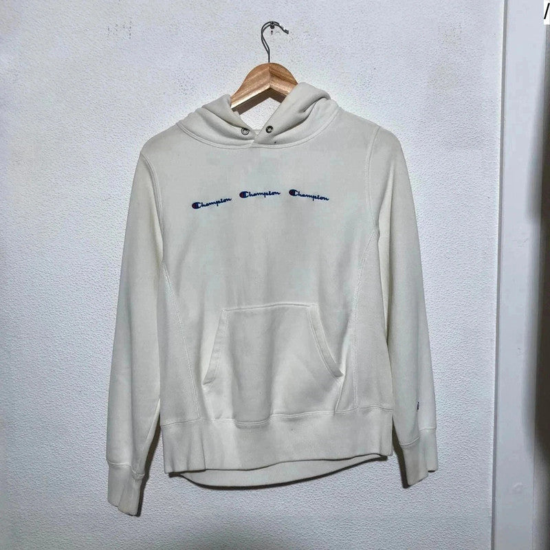 Vintage White Champion Hoodie Triple Spellout Reverse Weave - Small