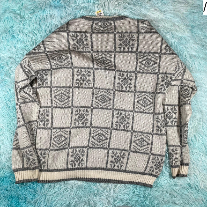 Vintage 90s Grey & Cream Grunge Patterned Knitted Jumper - Large