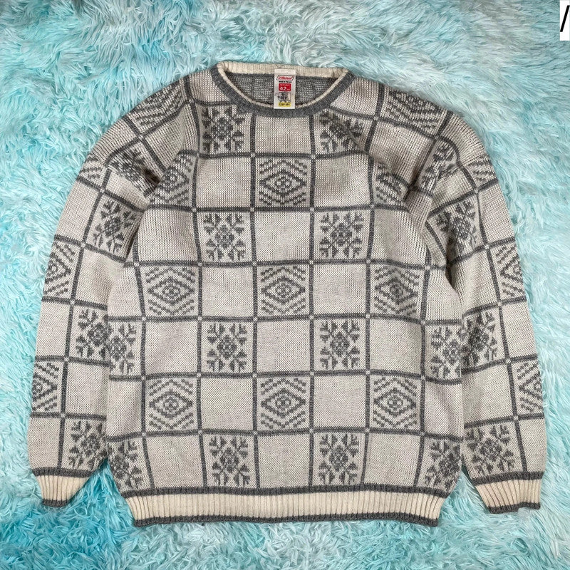Vintage 90s Grey & Cream Grunge Patterned Knitted Jumper - Large