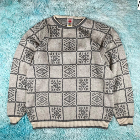 Vintage 90s Grey & Cream Grunge Patterned Knitted Jumper - Large