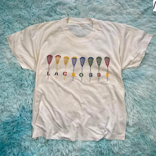 Vintage 80s White lacrosse Print T Shirt - Large