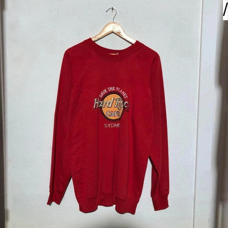 Vintage 90s Red Hard Rock Cafe Sweatshirt Embroidered Spellout - XL