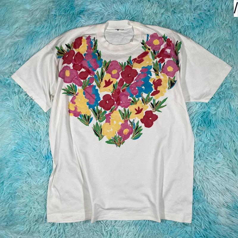 Vintage 80s White Floral Print T Shirt - Large