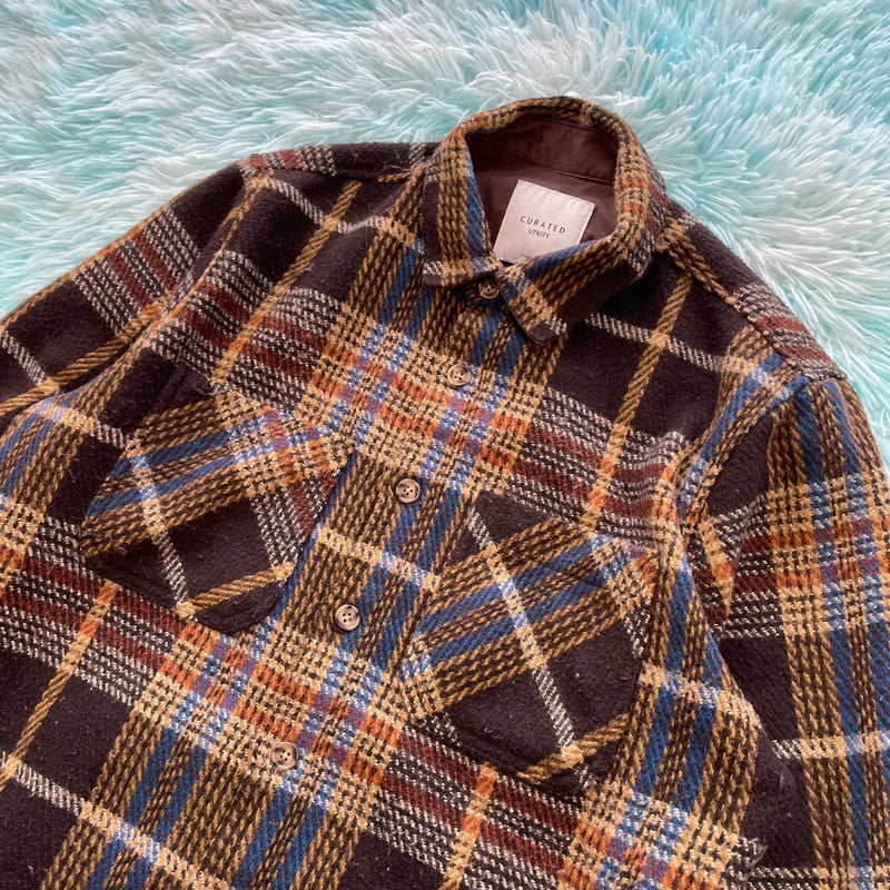 Brown Chequered Curated Utility Flannel Shirt Shacket - Large