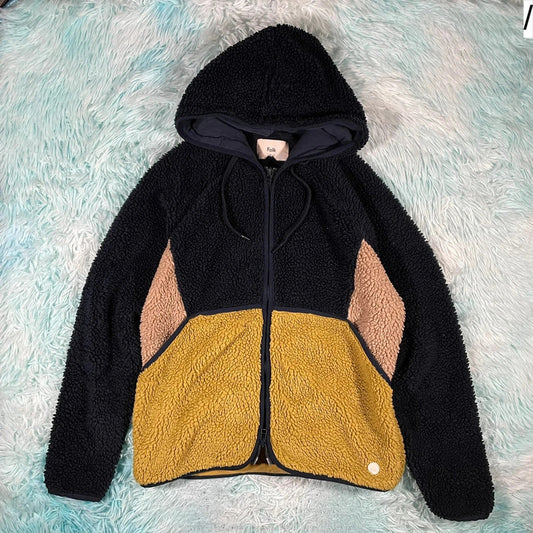 Navy & Yellow Folk Sherpa Fleece Hoodie - XS