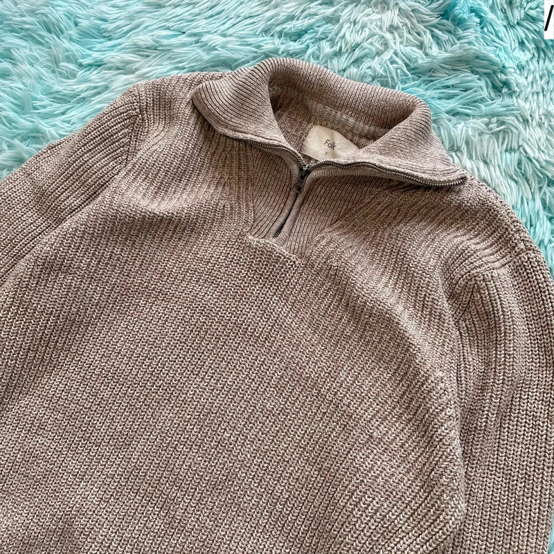 Beige Folk Knitted 1/4 Zip Jumper - XL