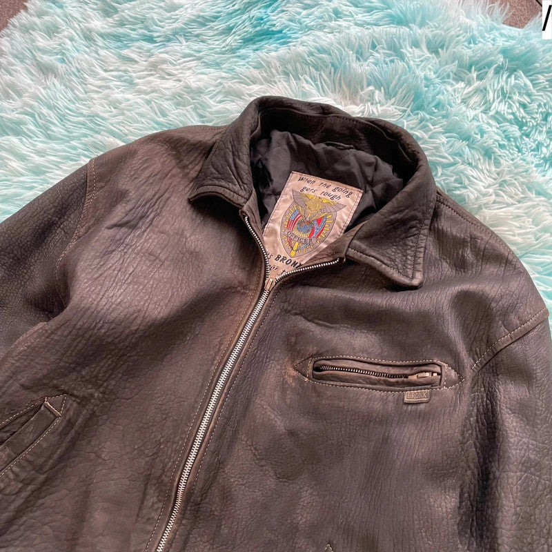 Vintage 90s Dark Brown Heavy Leather Jacket Bronx - Medium