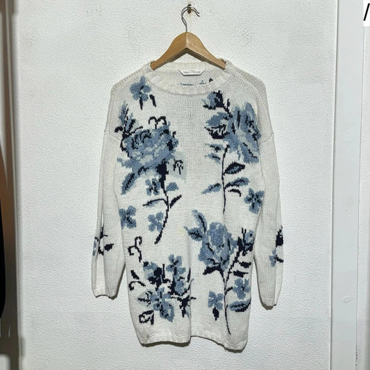 Vintage 80s White Floral Patterned St Michael Knitted Jumper - Size 12