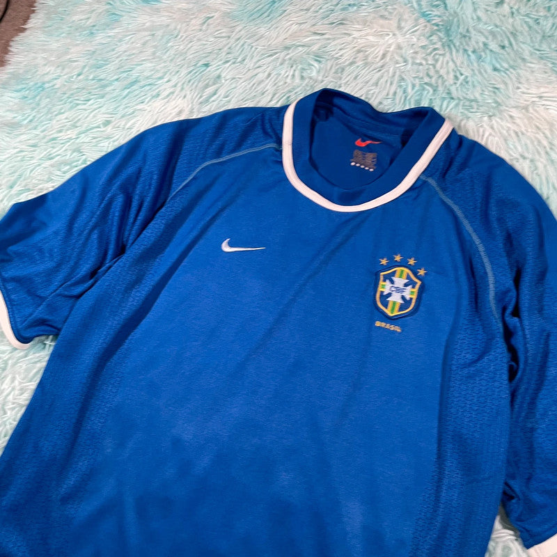 Vintage 2000-02 Brazil Shirt Blue Away Kit Nike - Large