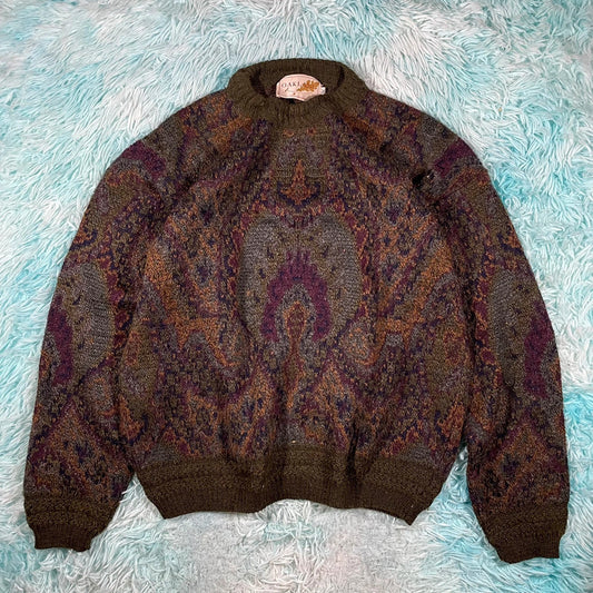 Vintage 90s Grunge Patterned Knitted Jumper - Medium