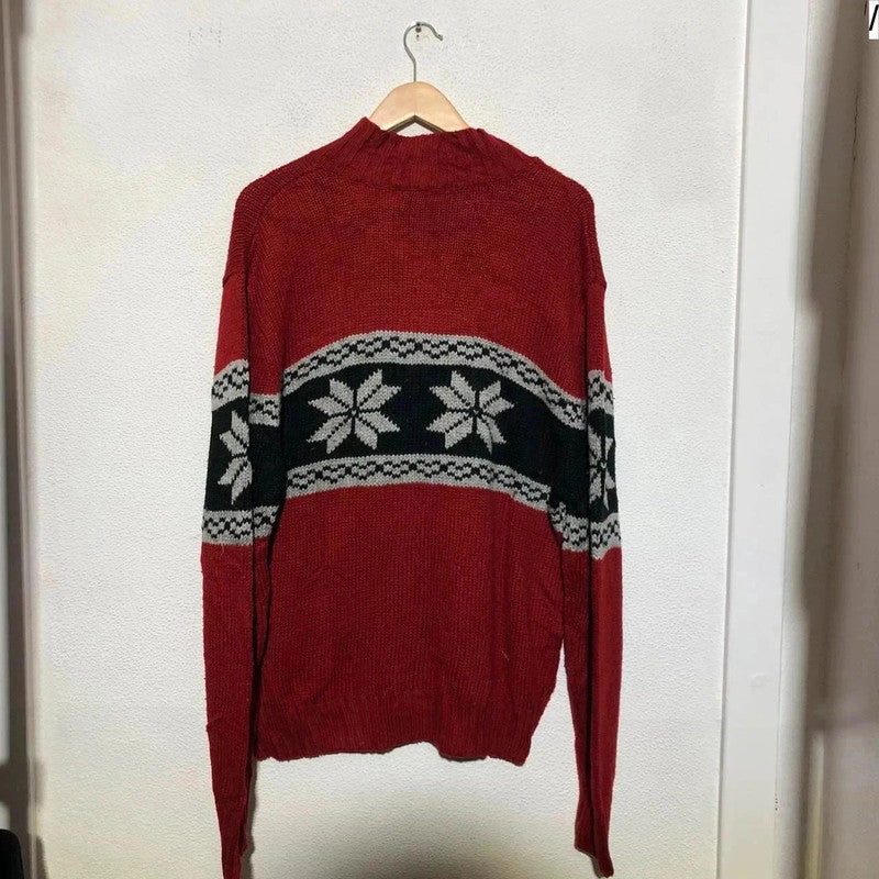Vintage Red Patterned Snowflake Knitted Jumper Full Zip - Large