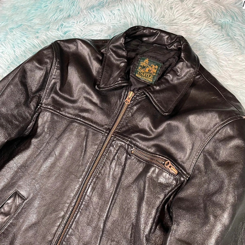 Vintage 90s Black Boxy Leather Jacket - Medium