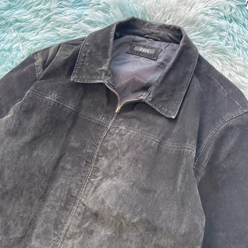 Vintage 90s Black Suede Leather Bomber Jacket - XXL