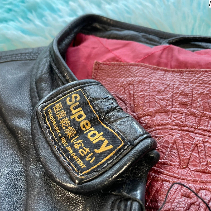 Vintage Black Superdry Leather Biker Jacket - XL