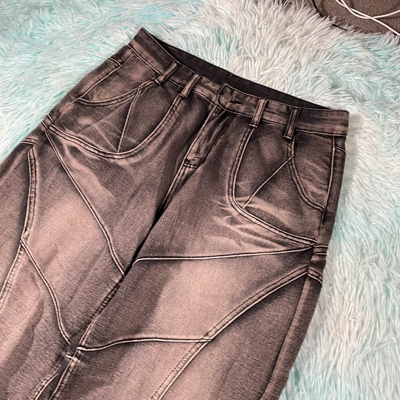 Grey Patterned Baggy Jeans - 34W