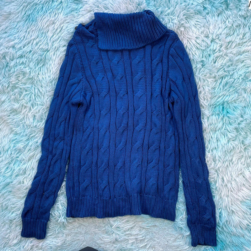 Blue Ralph Lauren Cable Knitted Jumper Collared - Large