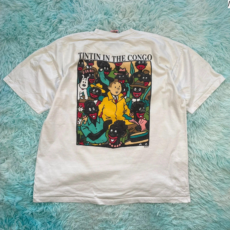 Vintage 90s White Tintin in the Congo Graphic T Shirt - XL