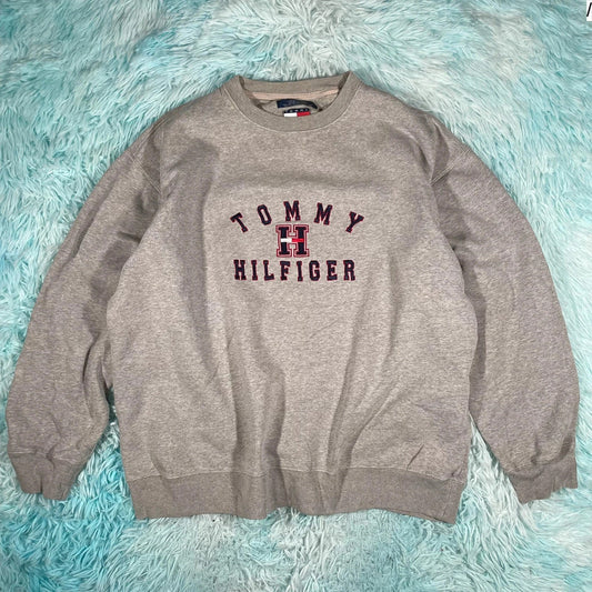 Vintage Grey Tommy Hilfiger Sweatshirt Embroidered Spellout - Large