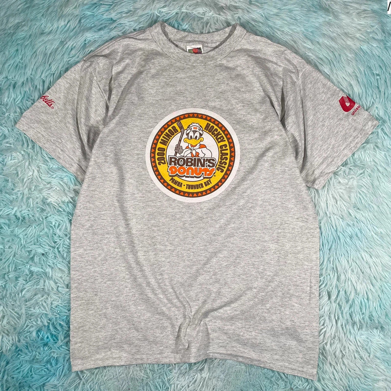 Vintage 90s Grey Robins Donuts Hockey Graphic T Shirt - Large