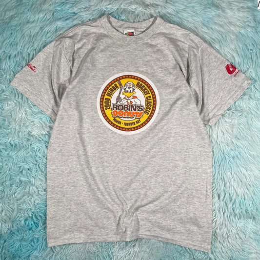 Vintage 90s Grey Robins Donuts Hockey Graphic T Shirt - Large