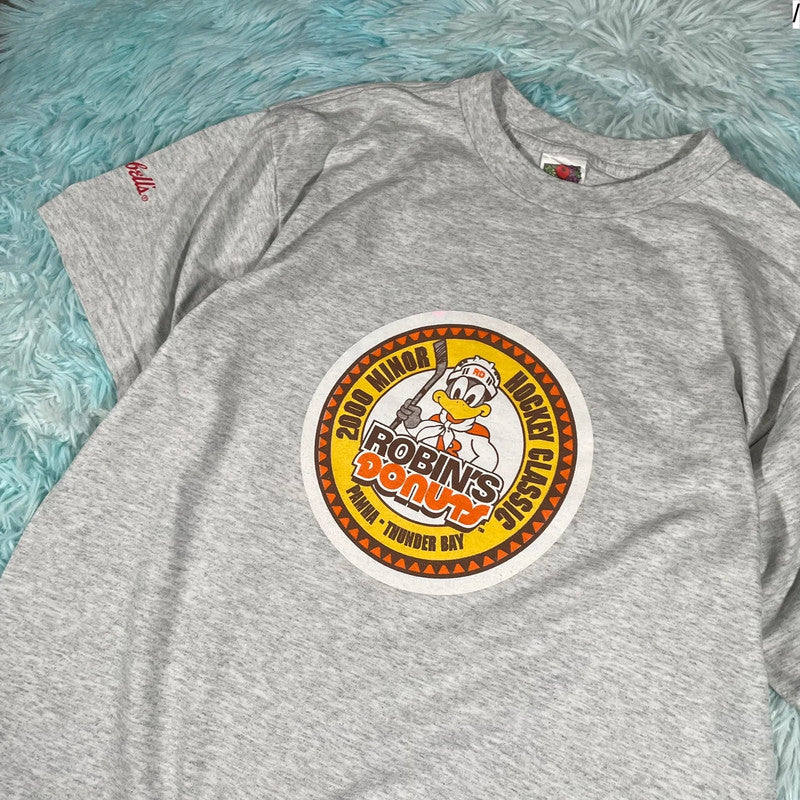 Vintage 90s Grey Robins Donuts Hockey Graphic T Shirt - Large