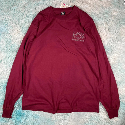 Vintage 90s Burgundy 1492 Movie Promo T Shirt Long Sleeve - XL