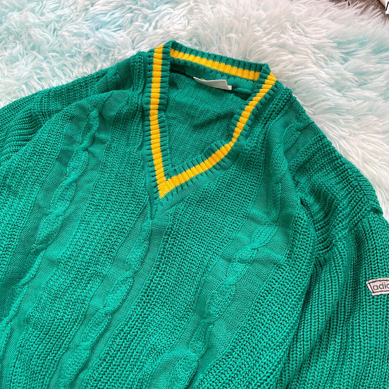 Vintage 90s Rare Adidas Knitted Jumper V Neck - Medium