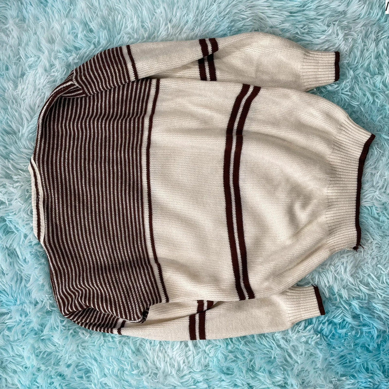 Vintage 90s Cream & Brown Chunky Knitted Jumper - Small
