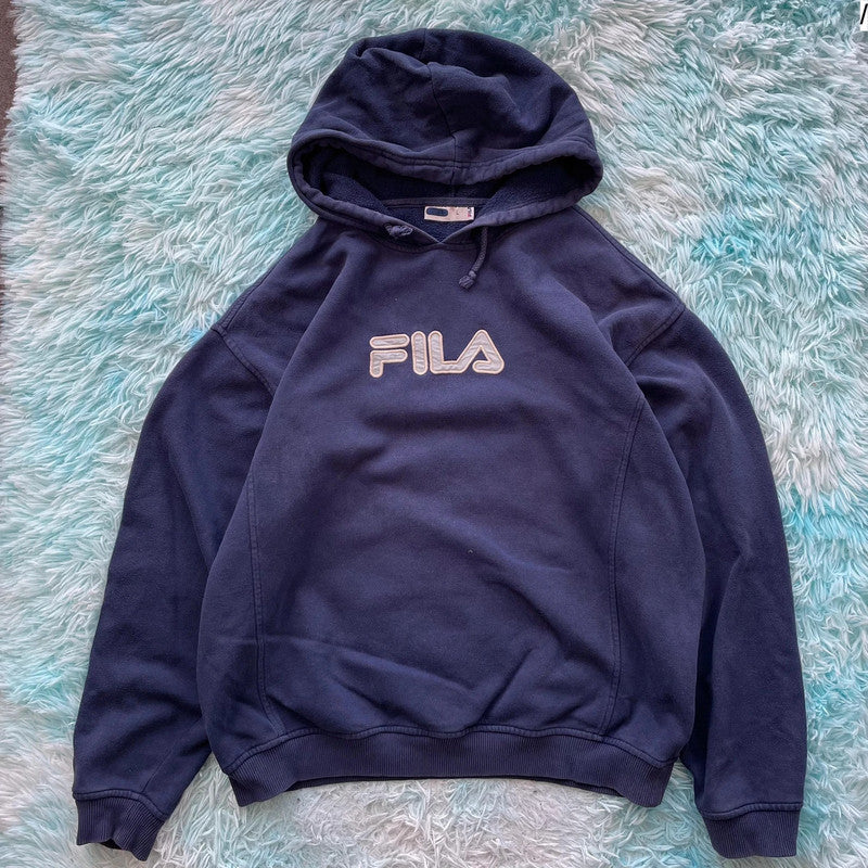 Vintage 00s Navy Fila Hoodie Spellout - Large