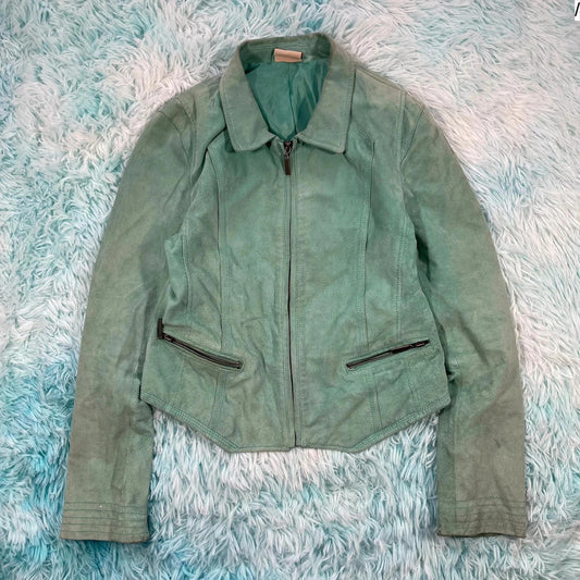 Vintage Y2K Mint Green Suede Leather Jacket - Womens Small