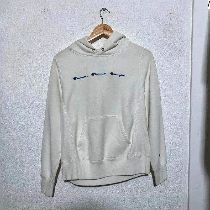 Vintage White Champion Hoodie Triple Spellout Reverse Weave - Small