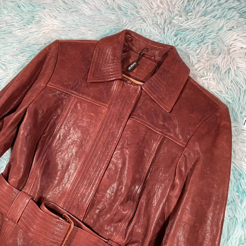 Vintage Y2K Red M&S Leather Jacket Belted - UK10