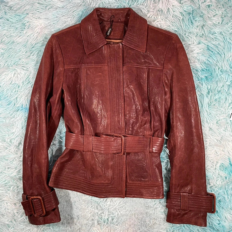 Vintage Y2K Red M&S Leather Jacket Belted - UK10