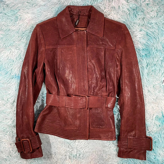 Vintage Y2K Red M&S Leather Jacket Belted - UK10