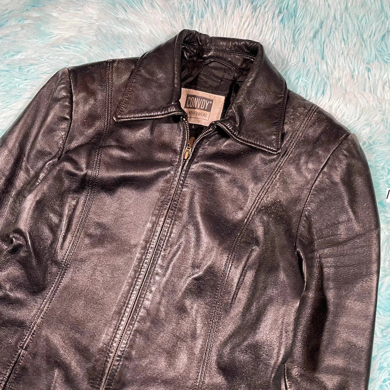 Vintage 90s Black Boxy Leather Jacket - Large