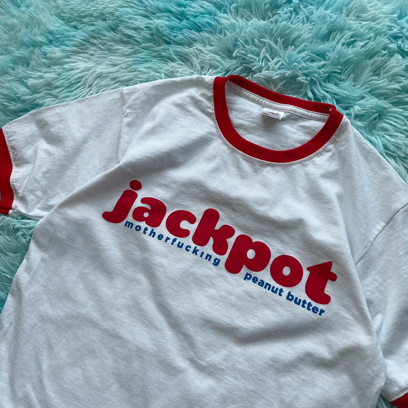 White & Red Jackpot Peanut butter Graphic T Shirt Ringer - Medium