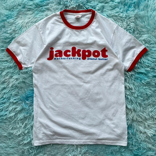 White & Red Jackpot Peanut butter Graphic T Shirt Ringer - Medium