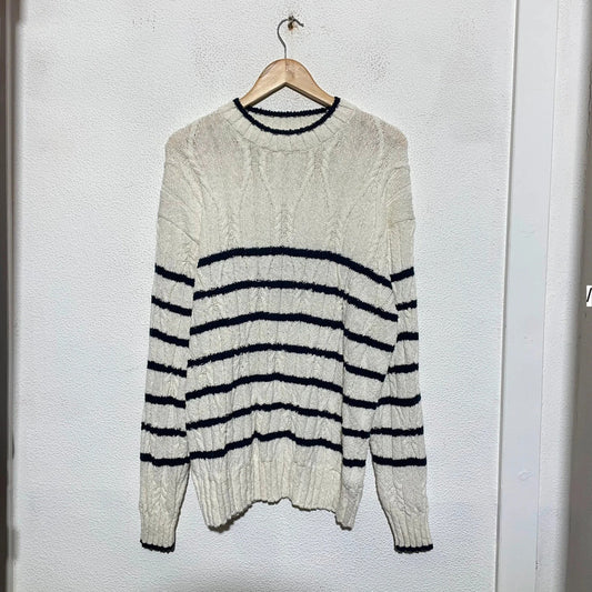 Cream & Navy Striped Gant Knitted Jumper Linen Blend - Large